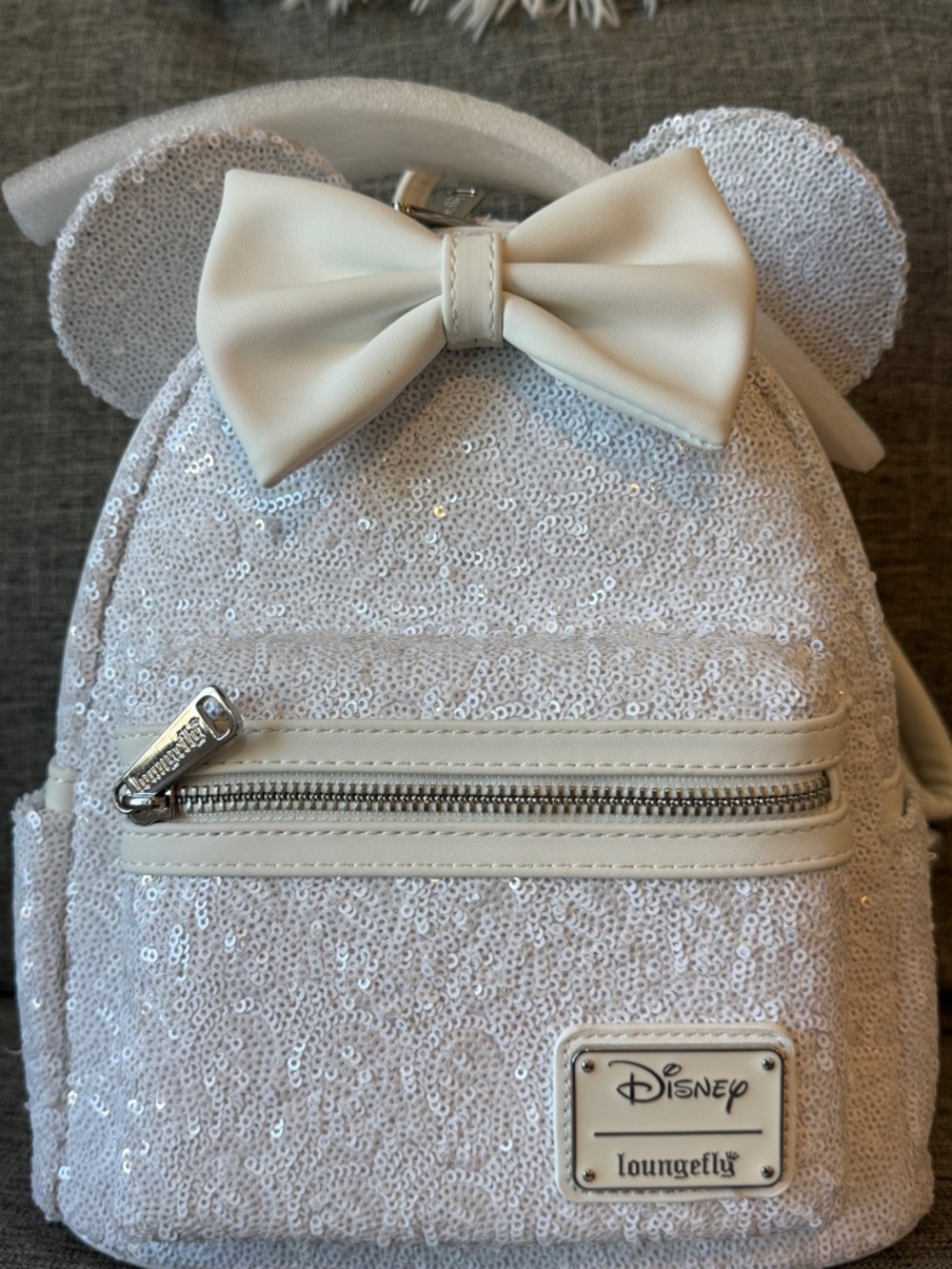 Loungefly White Sequin Minnie Ear Bow Mini Backpack